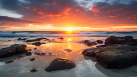 colorful sunrise over the ocean with a cloudy sky three. This image is created with AI.の素材