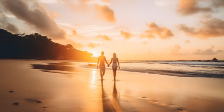 couple walking on a tropical beach holding hands and watc. This image is created with AI.の素材