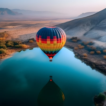 Colorful hot air balloon ride over a breathtaking landsca. This image is created with AI.の素材