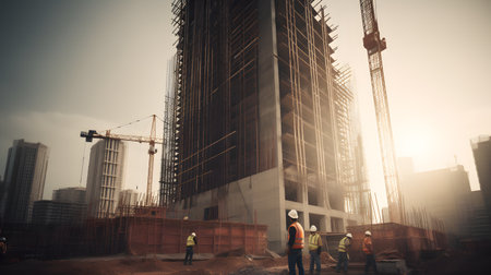 construction site with workers building a skyscraper one. This image is created with AI.の素材