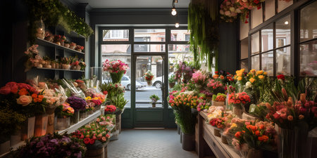 colorfulandvibrantflowershopwithavarietyoffres. This image is created with AI.の素材