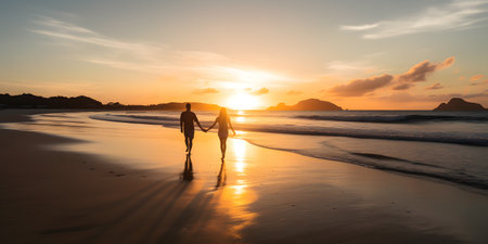 couple walking on a tropical beach holding hands and watc two. This image is created with AI.の素材