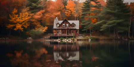 cozycabininthewoodssurroundedbyautumnfoliagean one. This image is created with AI.の素材