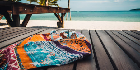 colorfulsarongandapairofflipflopslayonawoode. This image is created with AI.の素材