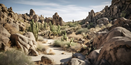desert landscape with cactus and unique rock formations one. This image is created with AI.の素材
