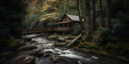 cozyrusticcabinnestledinthemountainssurroundedb three. This image is created with AI.の素材