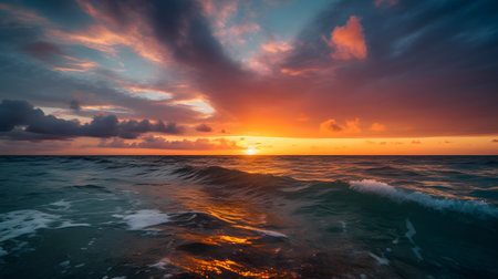 colorful sunrise over the ocean with a cloudy sky two. This image is created with AI.の素材