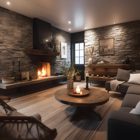 Cozy and inviting living room with a roaring fireplace one. This image is created with AI.の素材