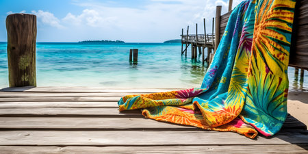 colorfulsarongandapairofflipflopslayonawoode three. This image is created with AI.の素材