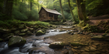 cozyrusticcabinnestledinthemountainssurroundedb one. This image is created with AI.の素材