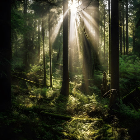 dense forest with a sunbeam shining through the trees. This image is created with AI.の素材
