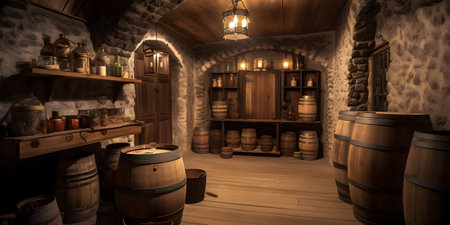 Cozy wine cellar with wooden barrels and bottles of wine. This image is created with AI.の素材