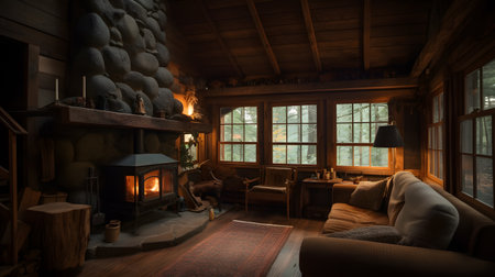 cozycabininthewoodswithafireplaceandcomfortable. This image is created with AI.の素材