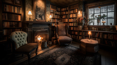 cozy bookshop with plush chairs and a fireplace two. This image is created with AI.の素材