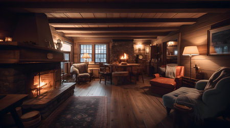 Cozy ski lodge with a roaring fireplace and two cozy blankets. This image is created with AI.の素材