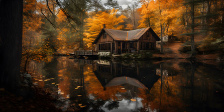 cozycabininthewoodssurroundedbyautumnfoliagean. This image is created with AI.の素材
