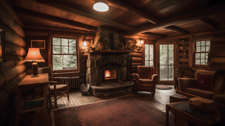 Cozy cabin in the woods with a fireplace and comfortable one. This image is created with AI.の素材