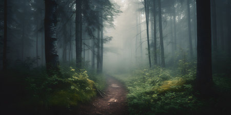 dense forest with tall trees and a misty atmosphere. This image is created with AI.の素材