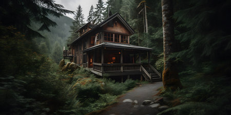 cozy cabin nestled in the woods surrounded by trees and m. This image is created with AI.の素材