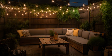 cozy and inviting outdoor seating area with comfortable f. This image is created with AI.の素材