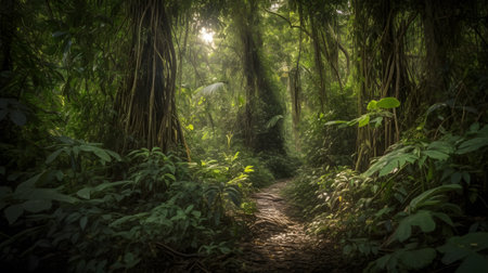 dense jungle with tall trees and vines one. This image is created with AI.の素材