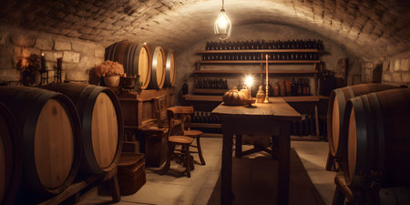 Cozy wine cellar with wooden barrels and bottles of two wine. This image is created with AI.の素材