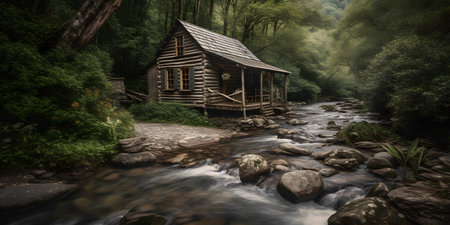 cozyrusticcabinnestledinthemountainssurroundedb two. This image is created with AI.の素材