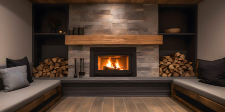 Cozy fireplace with a stack of firewood and comfy seating. This image is created with AI.の素材