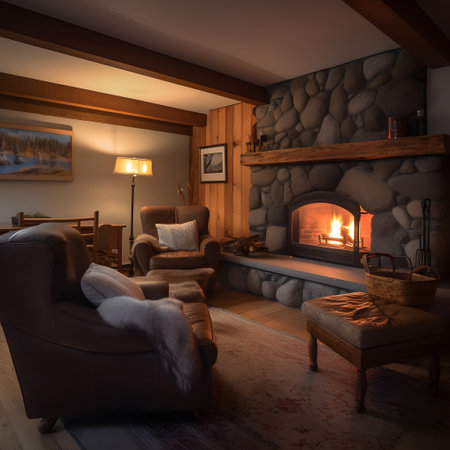 cozy and inviting fireplace with a crackling fire and com three. This image is created with AI.の素材