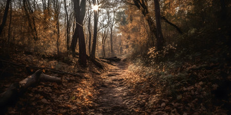 dense forest with a dirt trail and fallen leaves. This image is created with AI.の素材