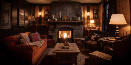 Cozy and inviting fireside chat with friends and loved ones. This image is created with AI.の素材