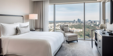 cozy and luxurious hotel room with plush bedding and a st. This image is created with AI.の素材