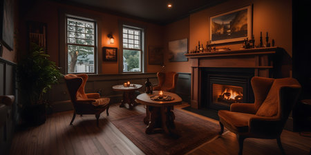 cozy coffee shop with plush chairs warm lighting and a fi. This image is created with AI.の素材