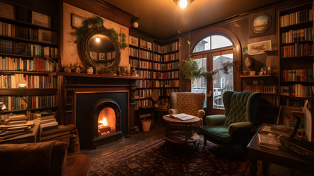 cozy bookshop with plush chairs and a fireplace. This image is created with AI.の素材