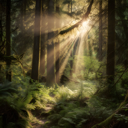 dense forest with a sunbeam shining through the trees one. This image is created with AI.の素材