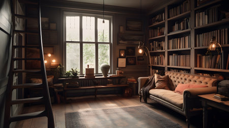 cozy and comfortable library with a collection of inspiri. This image is created with AI.の素材