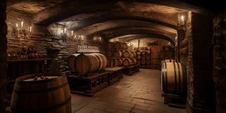 Cozy wine cellar with wooden barrels and bottles of wine three. This image is created with AI.の素材