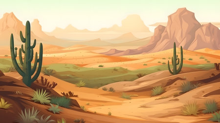 desert landscape with cactus and sand dunes three. This image is created with AI.の素材