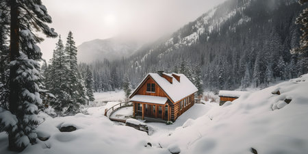 Cozy cabin nestled in a pine forest surrounded by snow-ca one. This image is created with AI.の素材
