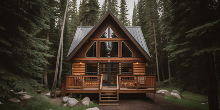 Cozy cabin nestled in the woods surrounded by trees and my one. This image is created with AI.の素材