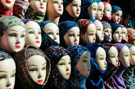 Closeup of the female mannequin heads in hijab