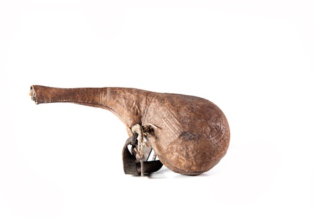 carved old Middle Eastern wineskin maden from animals stomachの写真素材