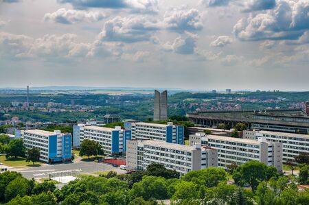 View on football stadium and buildings in Pragueの写真素材