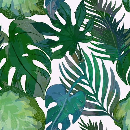 Tropical leaves, exotic vector seamless patternのイラスト素材