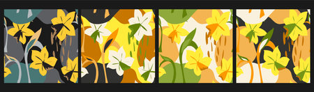 Set of seamless patterns with abstract flowers and leaves. vector illustration.のイラスト素材