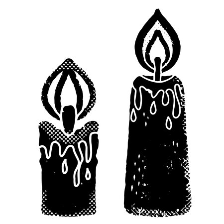 Two burning candles. Illustration in linocut style. Vector texture element for designのイラスト素材