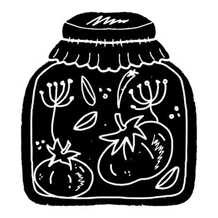 Preservation jar with tomatoes. Illustration in linocut style, rustic style. vector element for designのイラスト素材