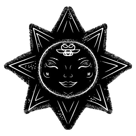 Sun with face and ornament in linocut style. Graphic arts. Vector element for designのイラスト素材