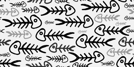 Stylized fish skeletons. Texture illustration. Vector seamless patternのイラスト素材
