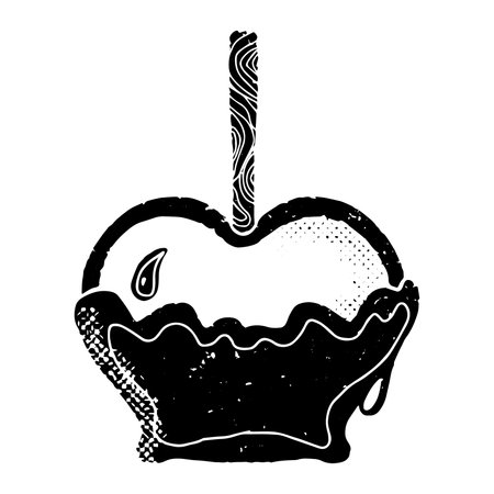 Apple on a wooden stick in caramel. Graphics, linocut. Vector texture black element.のイラスト素材